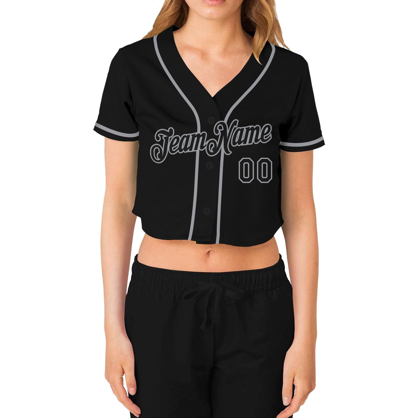 Custom Women's Black Black-Gray V-Neck Cropped Baseball Jersey view 2