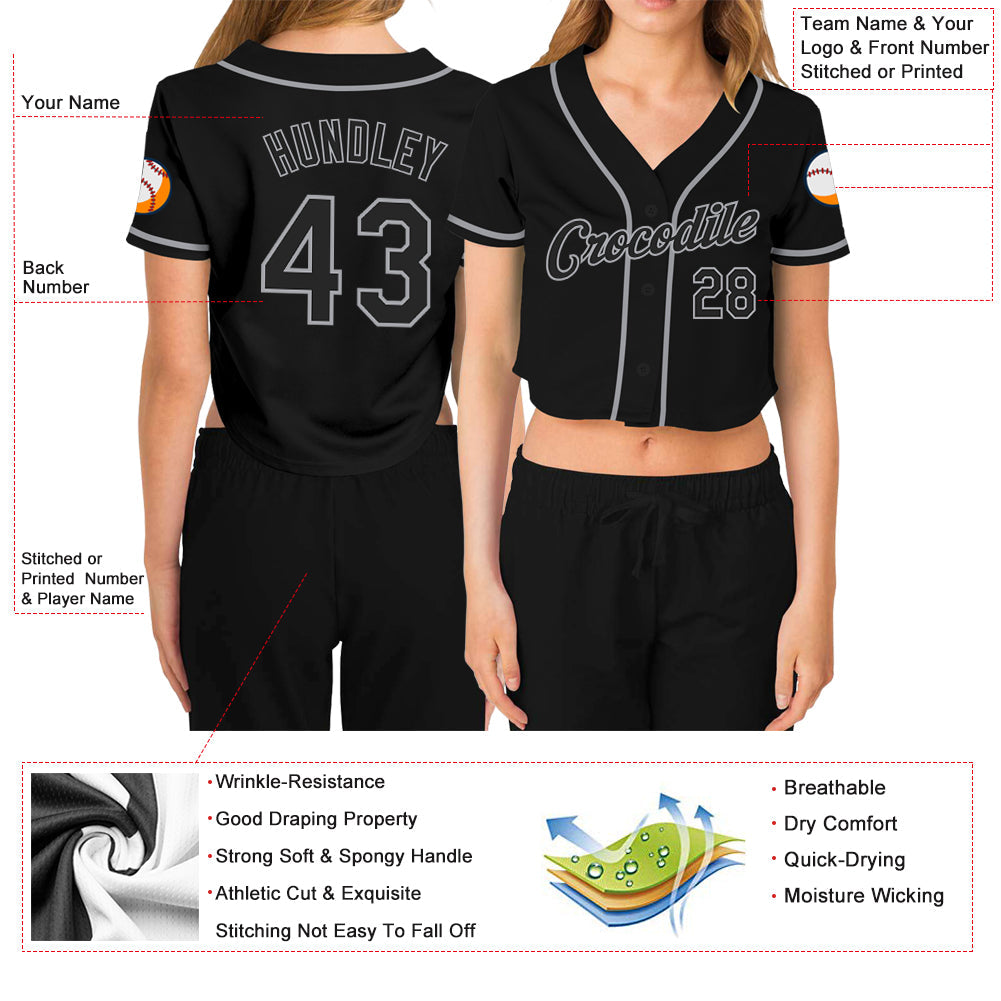 Custom Women's Black Black-Gray V-Neck Cropped Baseball Jersey view 3