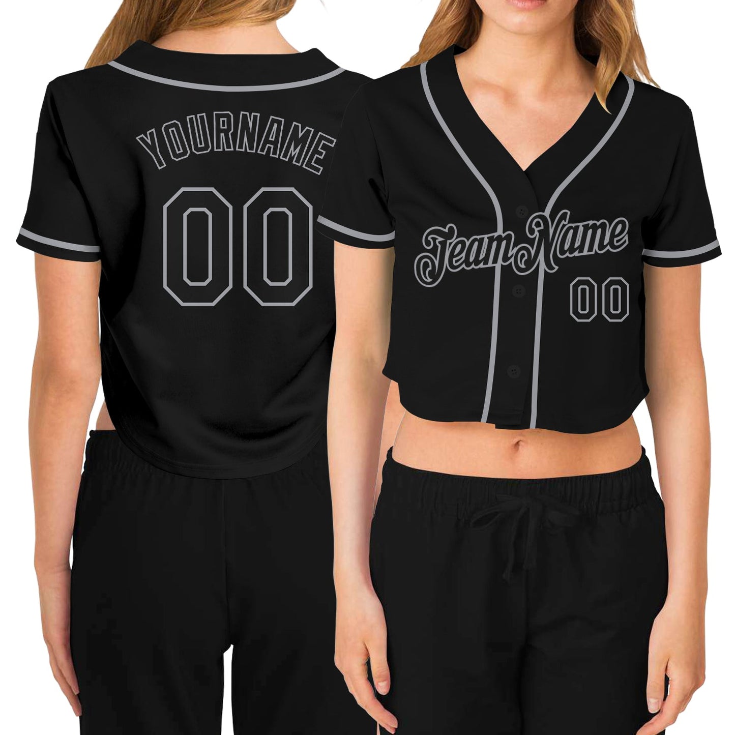 Custom Women's Black Black-Gray V-Neck Cropped Baseball Jersey - Main View
