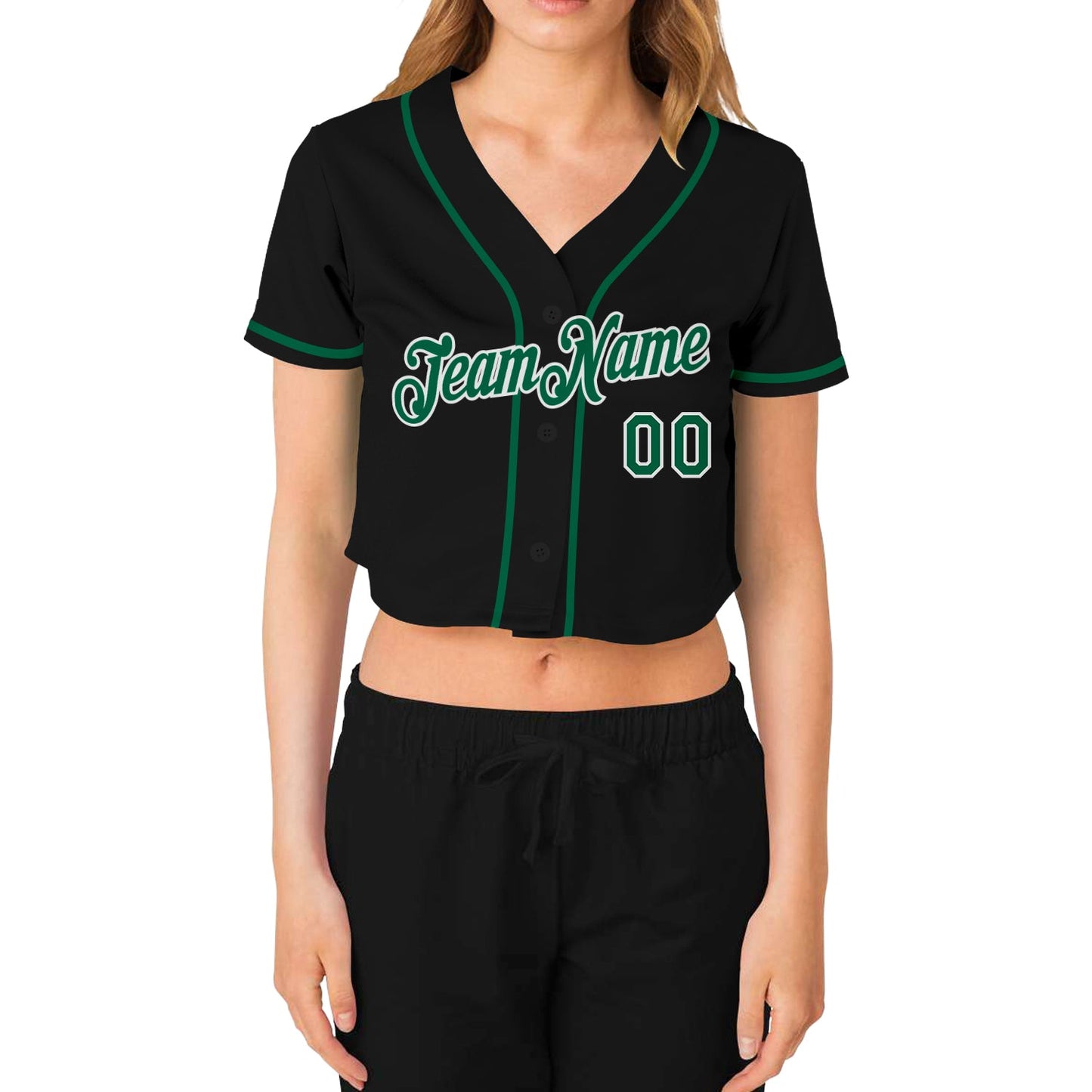 Custom Women's Black Kelly Green-White V-Neck Cropped Baseball Jersey view 2