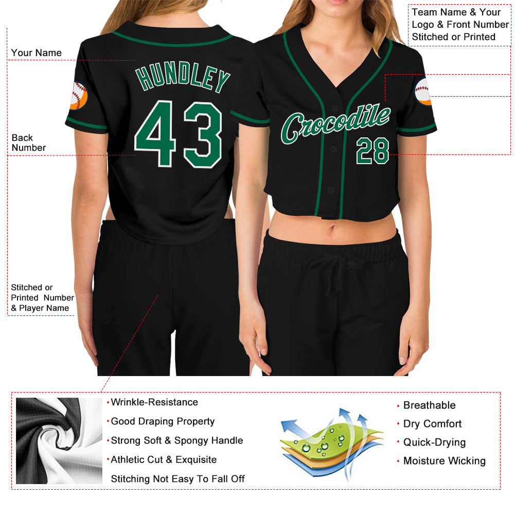 Custom Women's Black Kelly Green-White V-Neck Cropped Baseball Jersey view 3