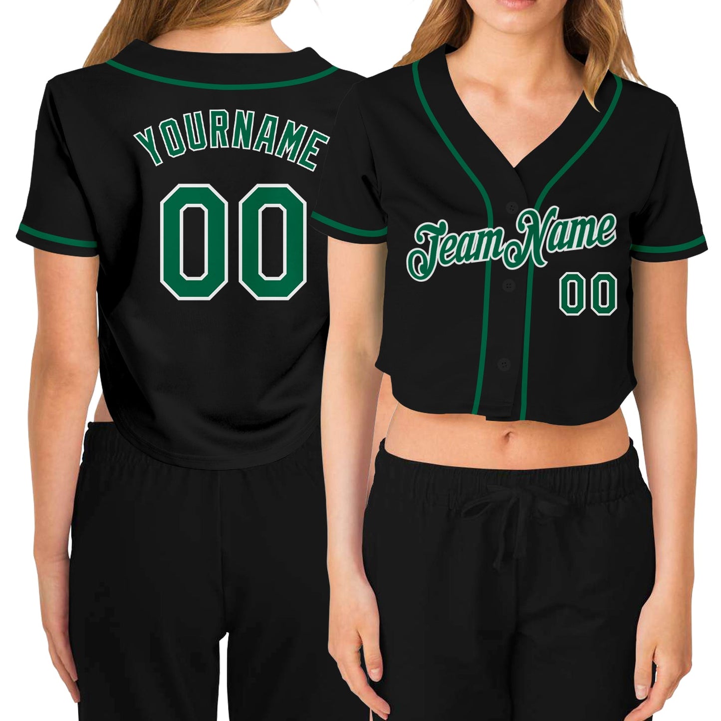 Custom Women's Black Kelly Green-White V-Neck Cropped Baseball Jersey - Main View