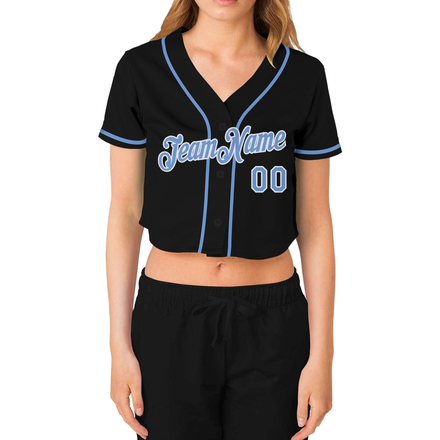 Custom Women's Black Light Blue-White V-Neck Cropped Baseball Jersey view 2