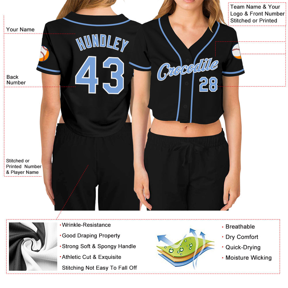 Custom Women's Black Light Blue-White V-Neck Cropped Baseball Jersey view 3
