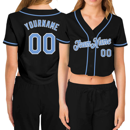 Custom Women's Black Light Blue-White V-Neck Cropped Baseball Jersey - Main View