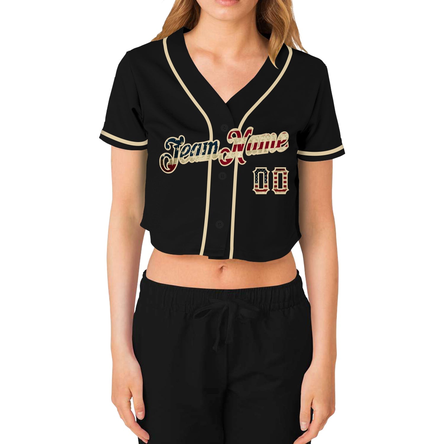 Custom Women's Black Vintage USA Flag-Cream V-Neck Cropped Baseball Jersey view 2