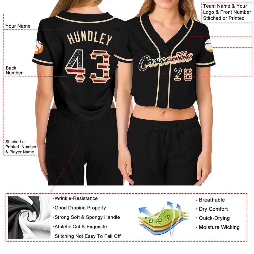 Custom Women's Black Vintage USA Flag-Cream V-Neck Cropped Baseball Jersey view 3