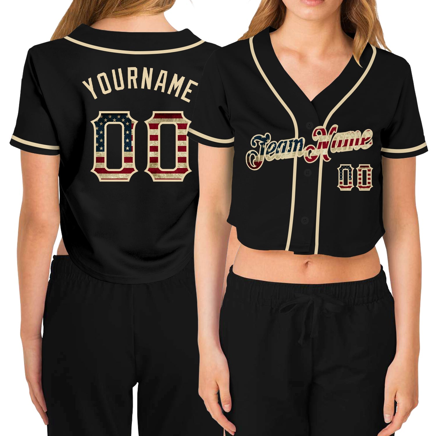 Custom Women's Black Vintage USA Flag-Cream V-Neck Cropped Baseball Jersey - Main View