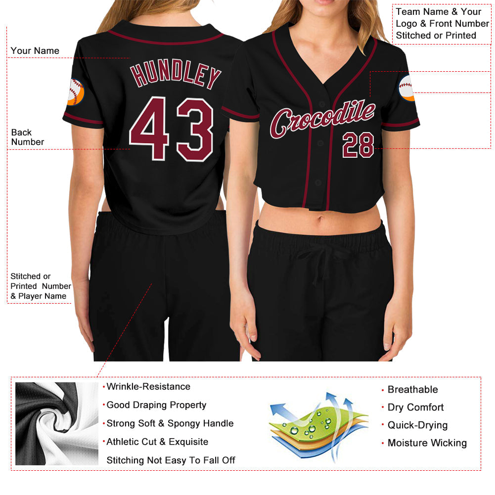 Custom Women's Black Crimson-White V-Neck Cropped Baseball Jersey view 3