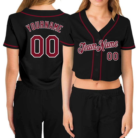 Custom Women's Black Crimson-White V-Neck Cropped Baseball Jersey - Main View