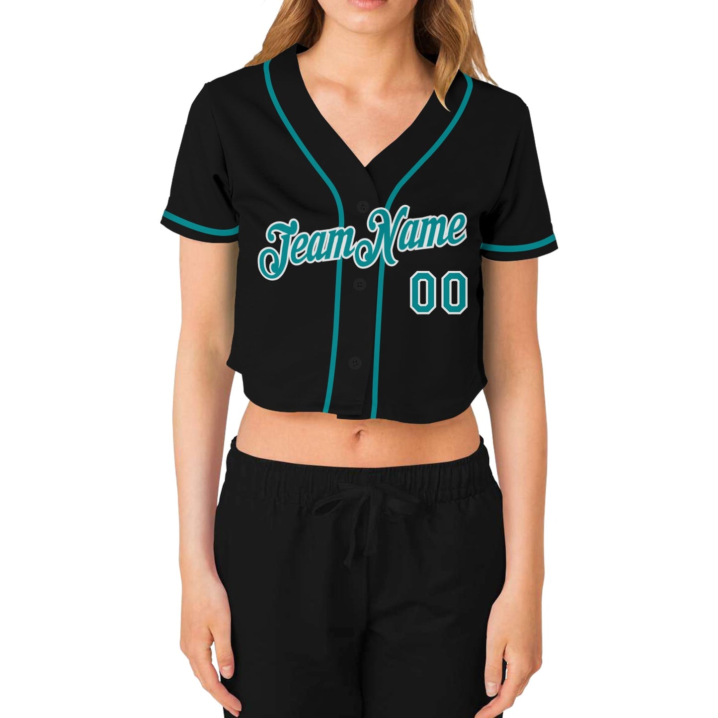 Custom Women's Black Aqua-White V-Neck Cropped Baseball Jersey view 2