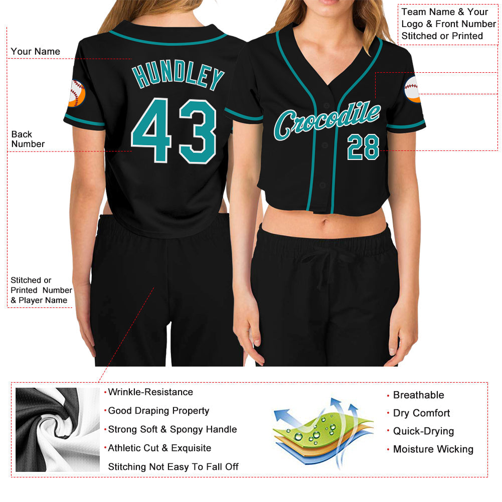 Custom Women's Black Aqua-White V-Neck Cropped Baseball Jersey view 3