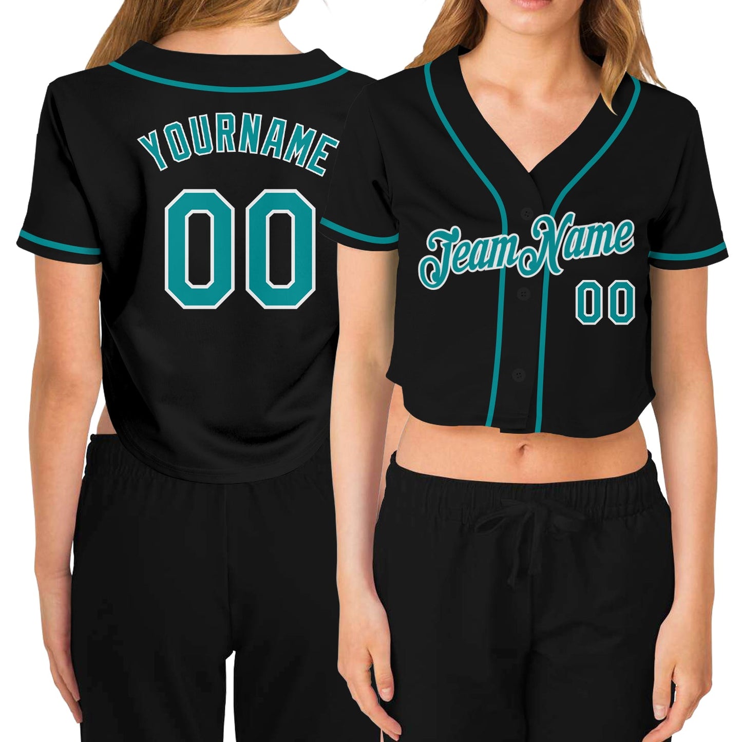 Custom Women's Black Aqua-White V-Neck Cropped Baseball Jersey - Main View