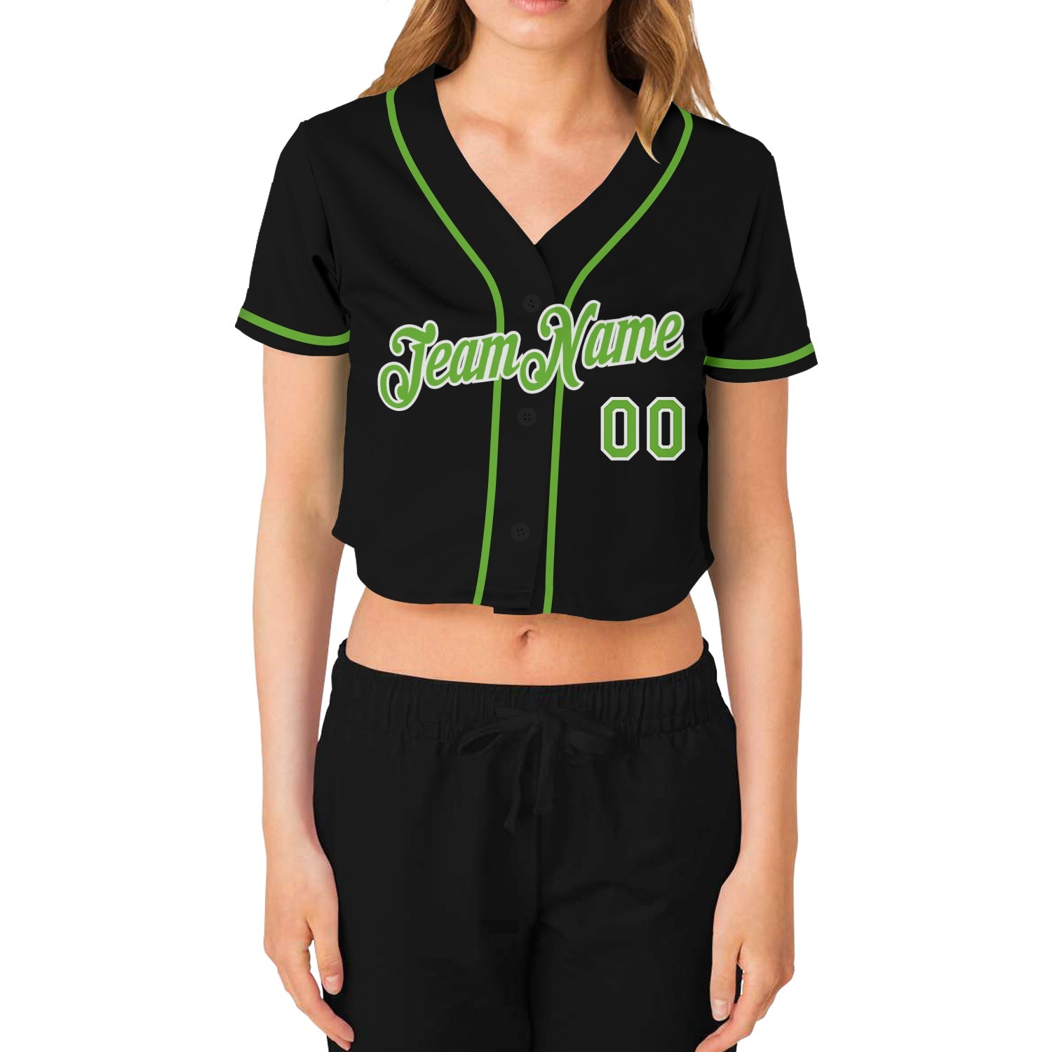 Custom Women's Black Neon Green-White V-Neck Cropped Baseball Jersey view 2