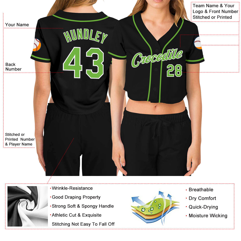 Custom Women's Black Neon Green-White V-Neck Cropped Baseball Jersey view 3