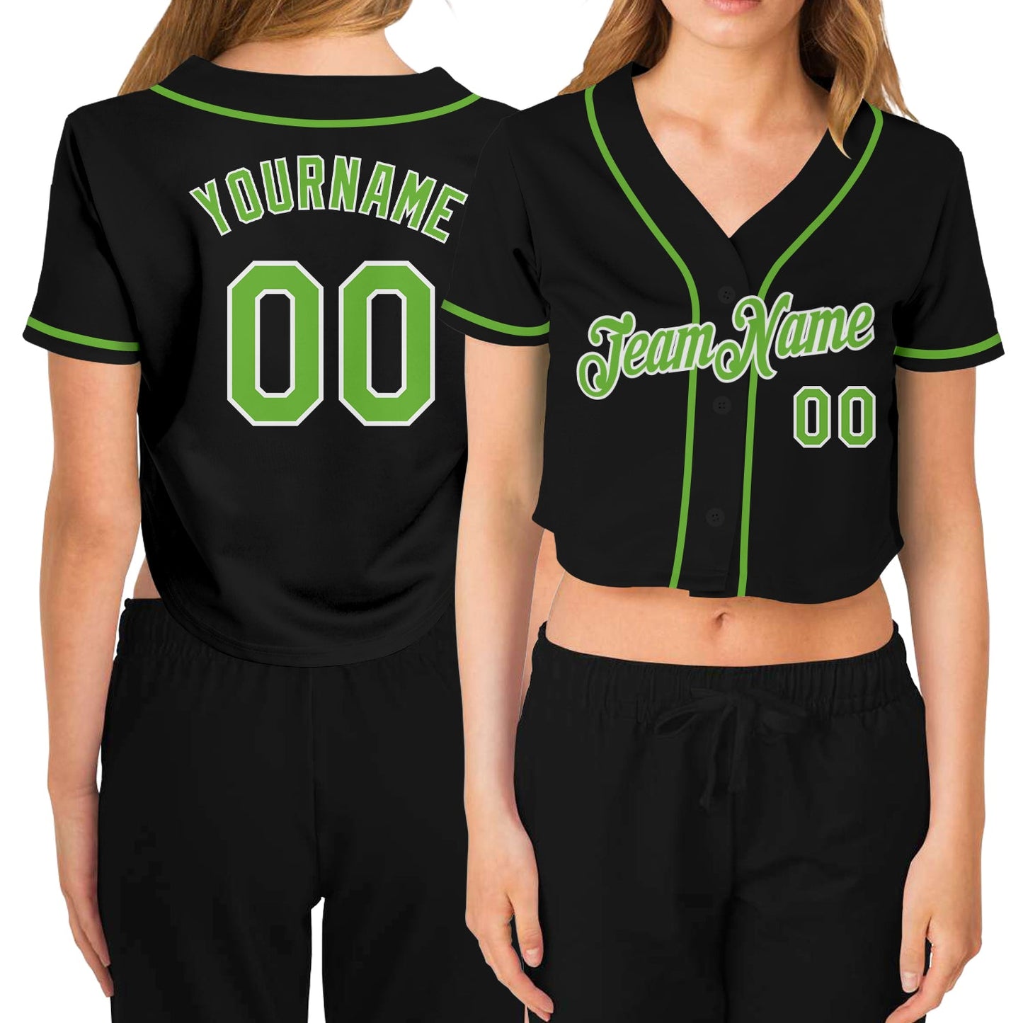 Custom Women's Black Neon Green-White V-Neck Cropped Baseball Jersey - Main View