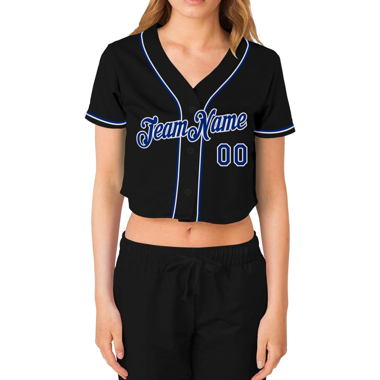 Custom Women's Black Royal-White V-Neck Cropped Baseball Jersey view 2