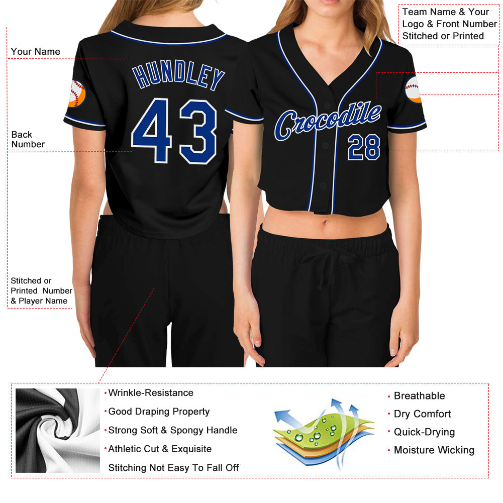 Custom Women's Black Royal-White V-Neck Cropped Baseball Jersey view 3