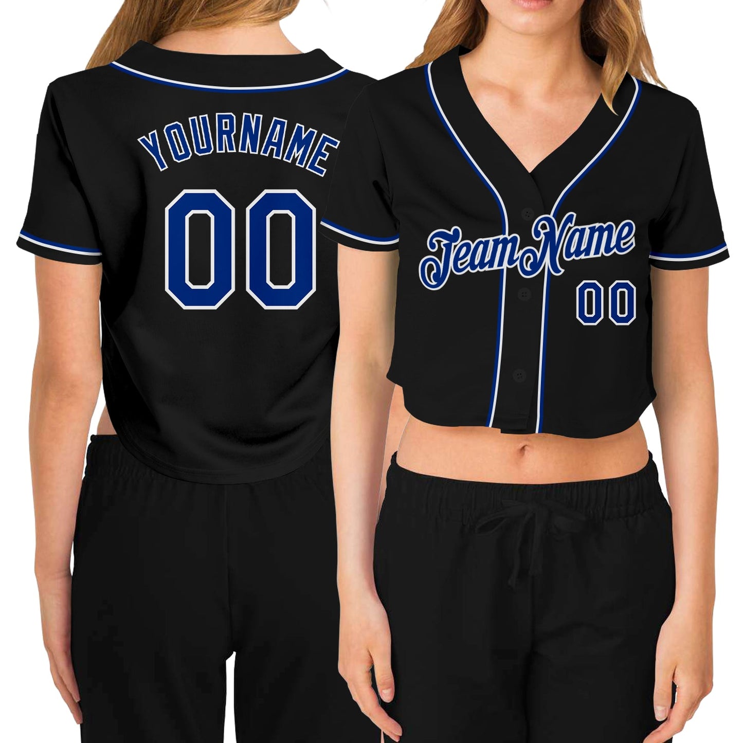 Custom Women's Black Royal-White V-Neck Cropped Baseball Jersey - Main View