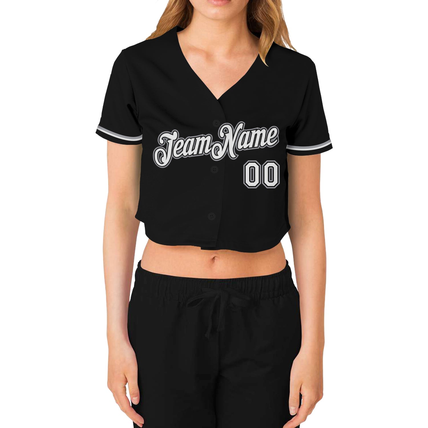Custom Women's Black White-Gray V-Neck Cropped Baseball Jersey view 2