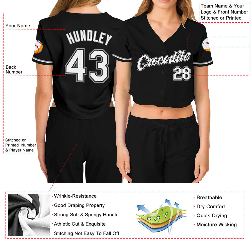 Custom Women's Black White-Gray V-Neck Cropped Baseball Jersey view 3