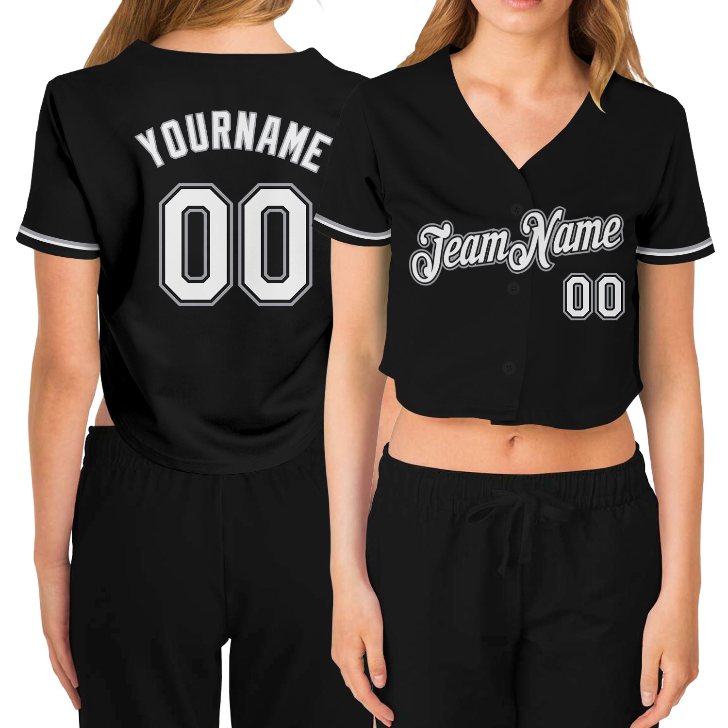 Custom Women's Black White-Gray V-Neck Cropped Baseball Jersey - Main View