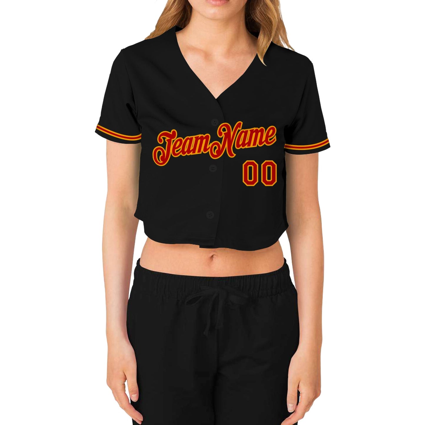 Custom Women's Black Red-Gold V-Neck Cropped Baseball Jersey view 2
