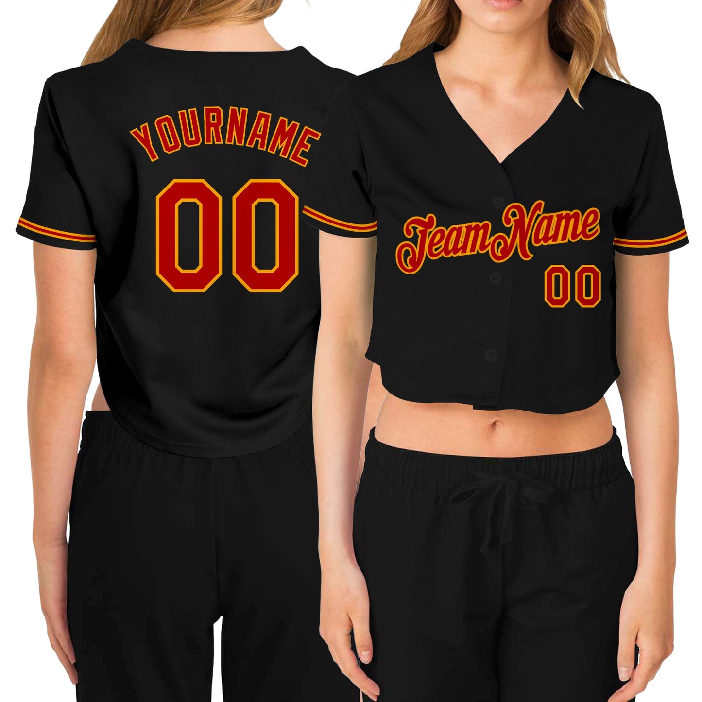 Custom Women's Black Red-Gold V-Neck Cropped Baseball Jersey - Main View