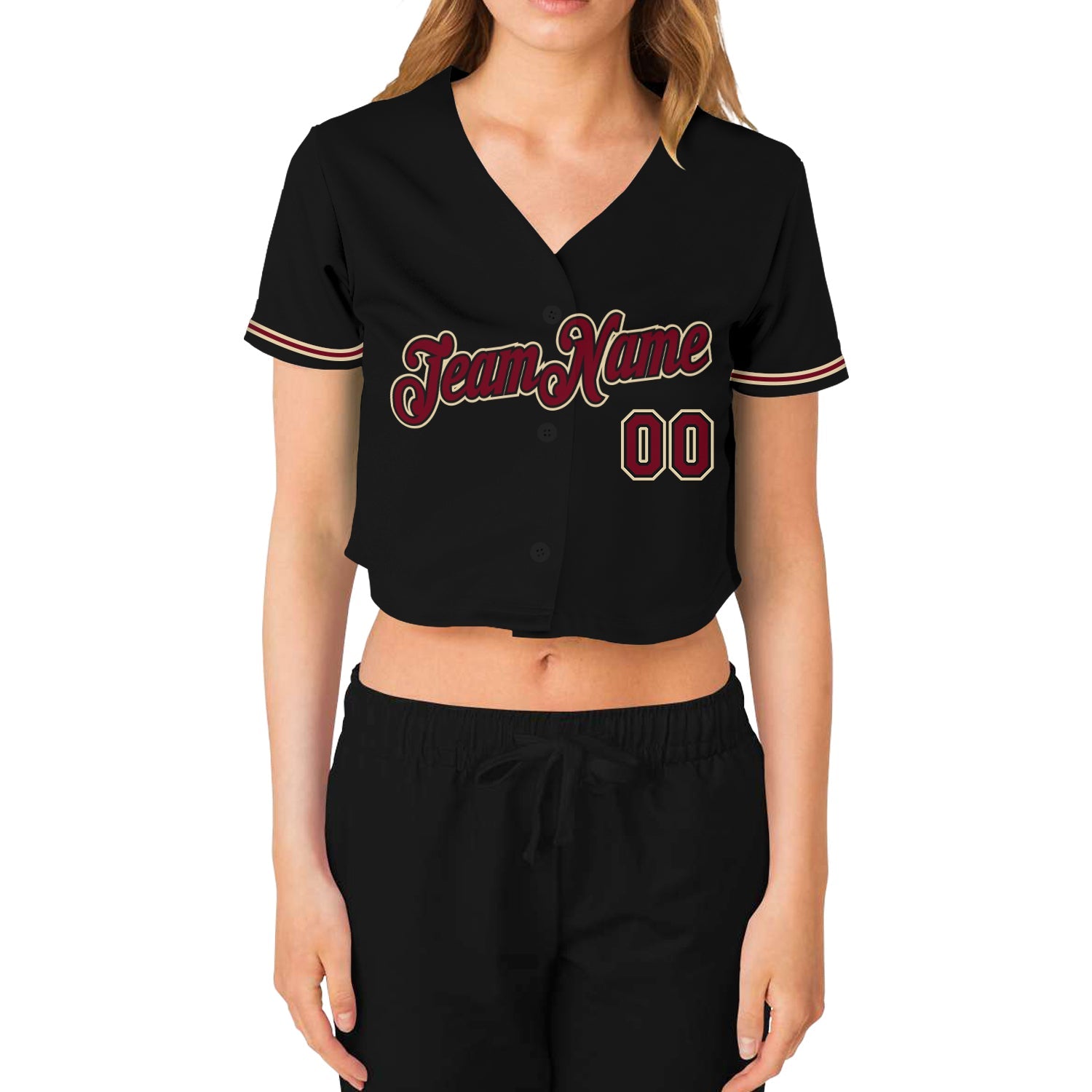 Custom Women's Black Crimson-City Cream V-Neck Cropped Baseball Jersey view 2