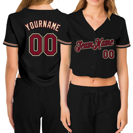 Custom Women's Black Crimson-City Cream V-Neck Cropped Baseball Jersey - Main View
