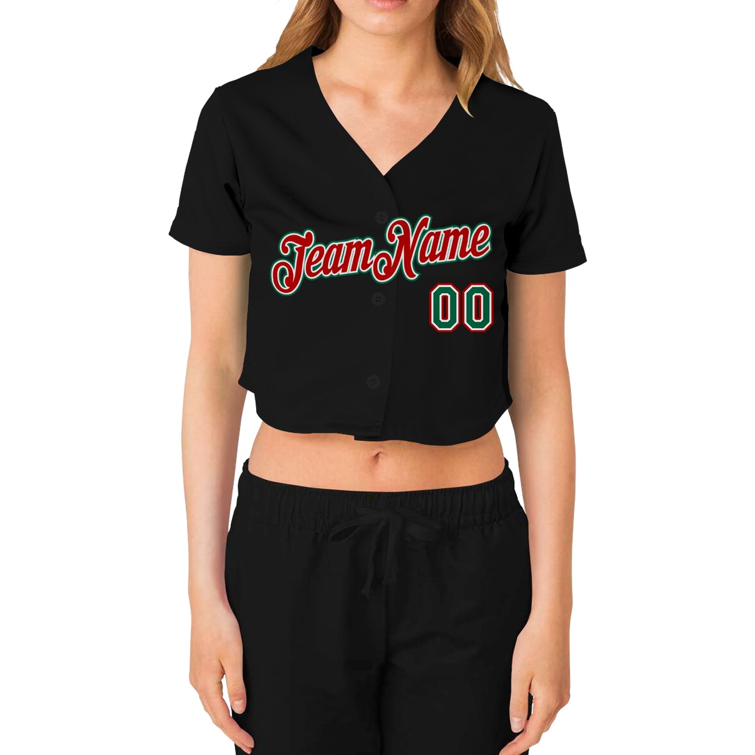 Custom Women's Black Kelly Green Red-White V-Neck Cropped Baseball Jersey view 2