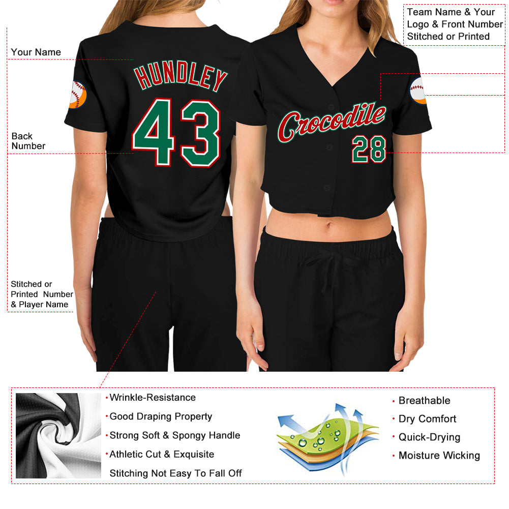 Custom Women's Black Kelly Green Red-White V-Neck Cropped Baseball Jersey view 3