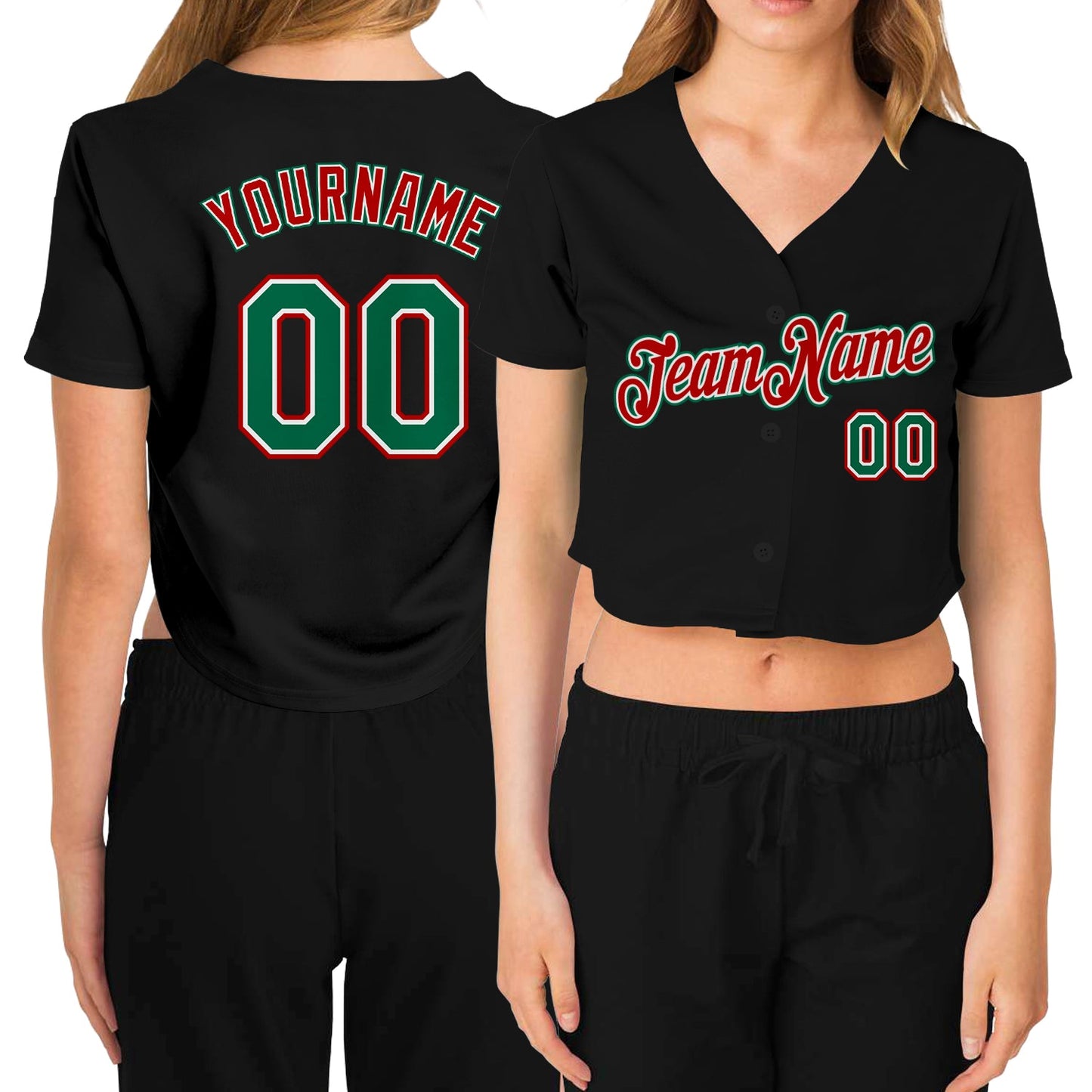 Custom Women's Black Kelly Green Red-White V-Neck Cropped Baseball Jersey - Main View