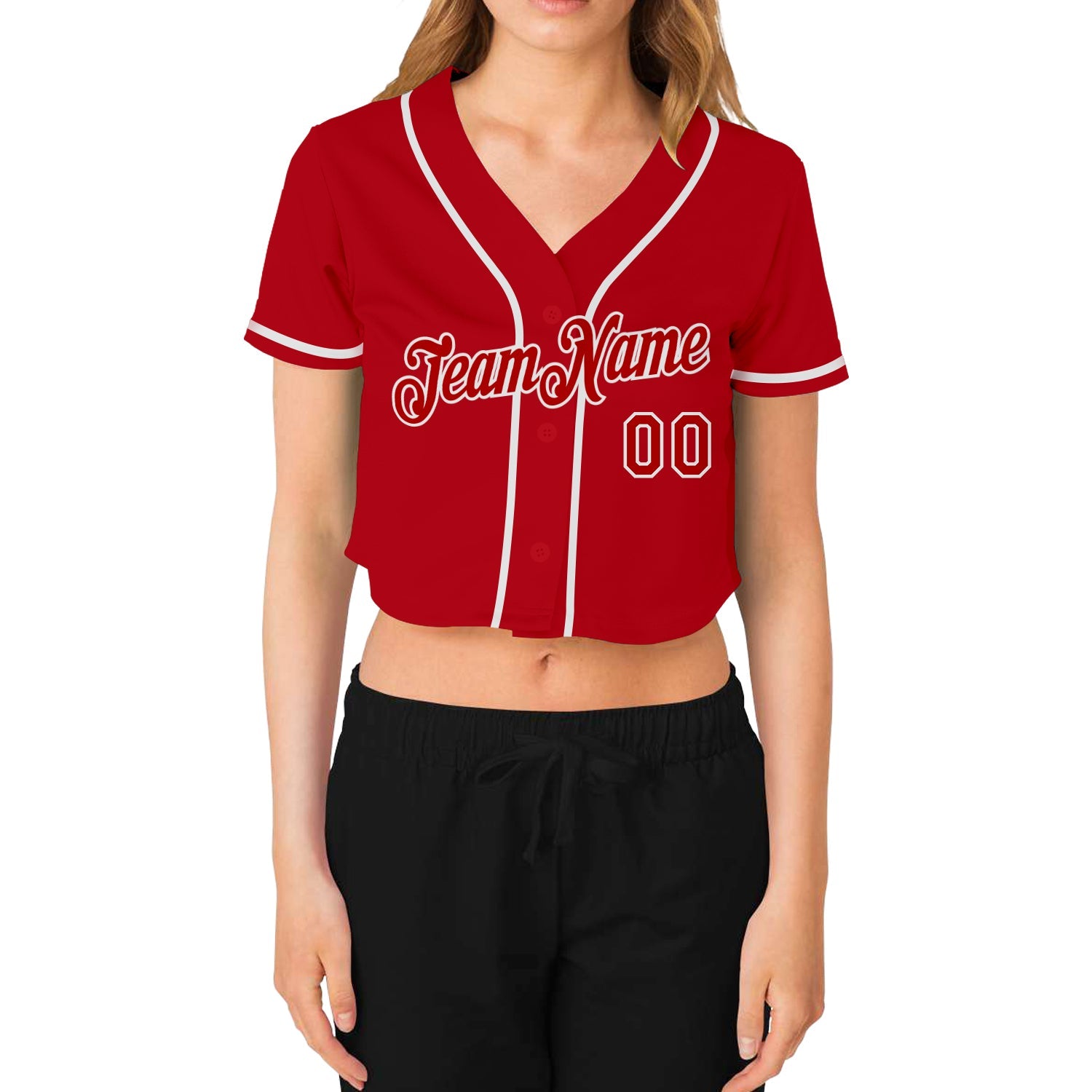 Custom Women's Red Red-White V-Neck Cropped Baseball Jersey view 2