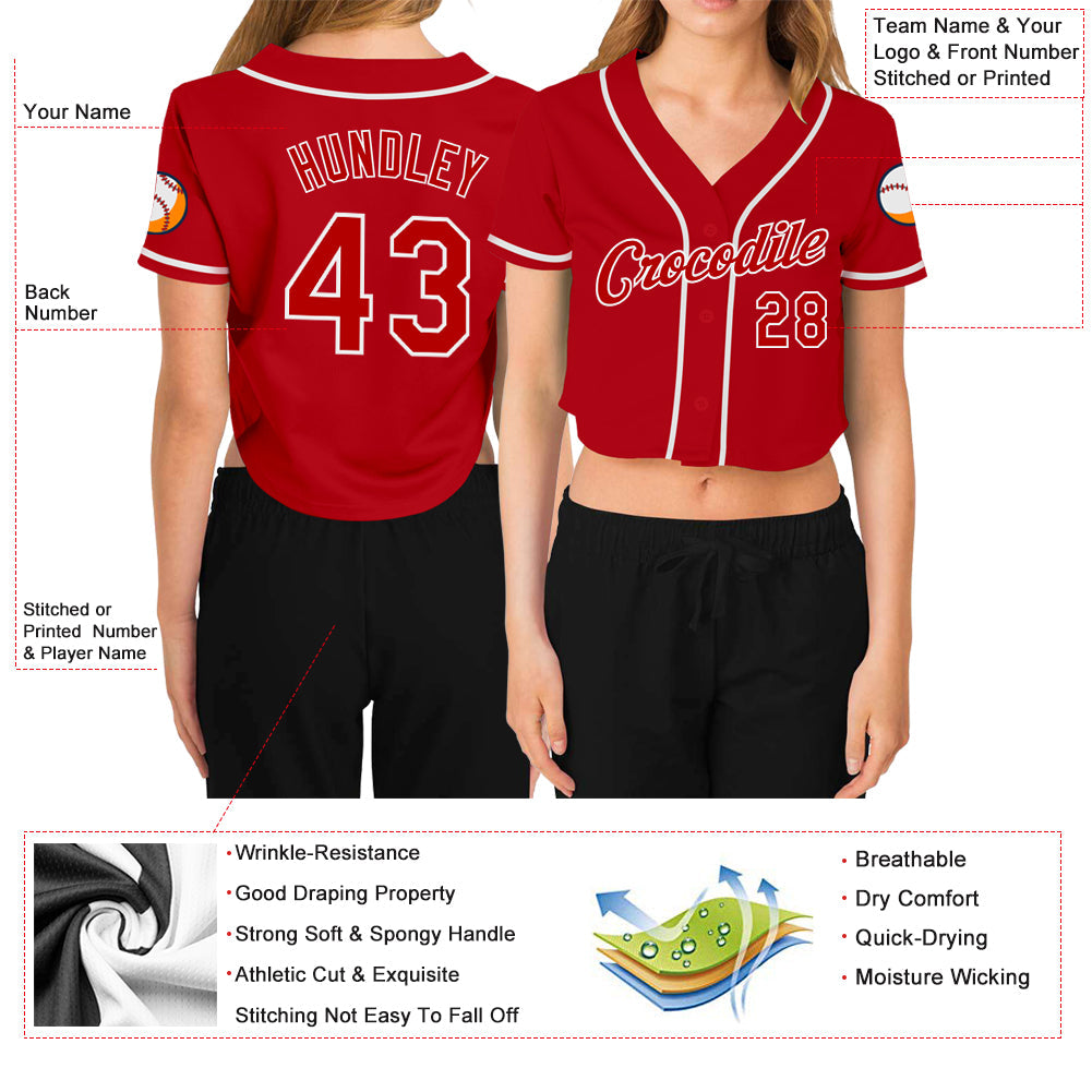 Custom Women's Red Red-White V-Neck Cropped Baseball Jersey view 3