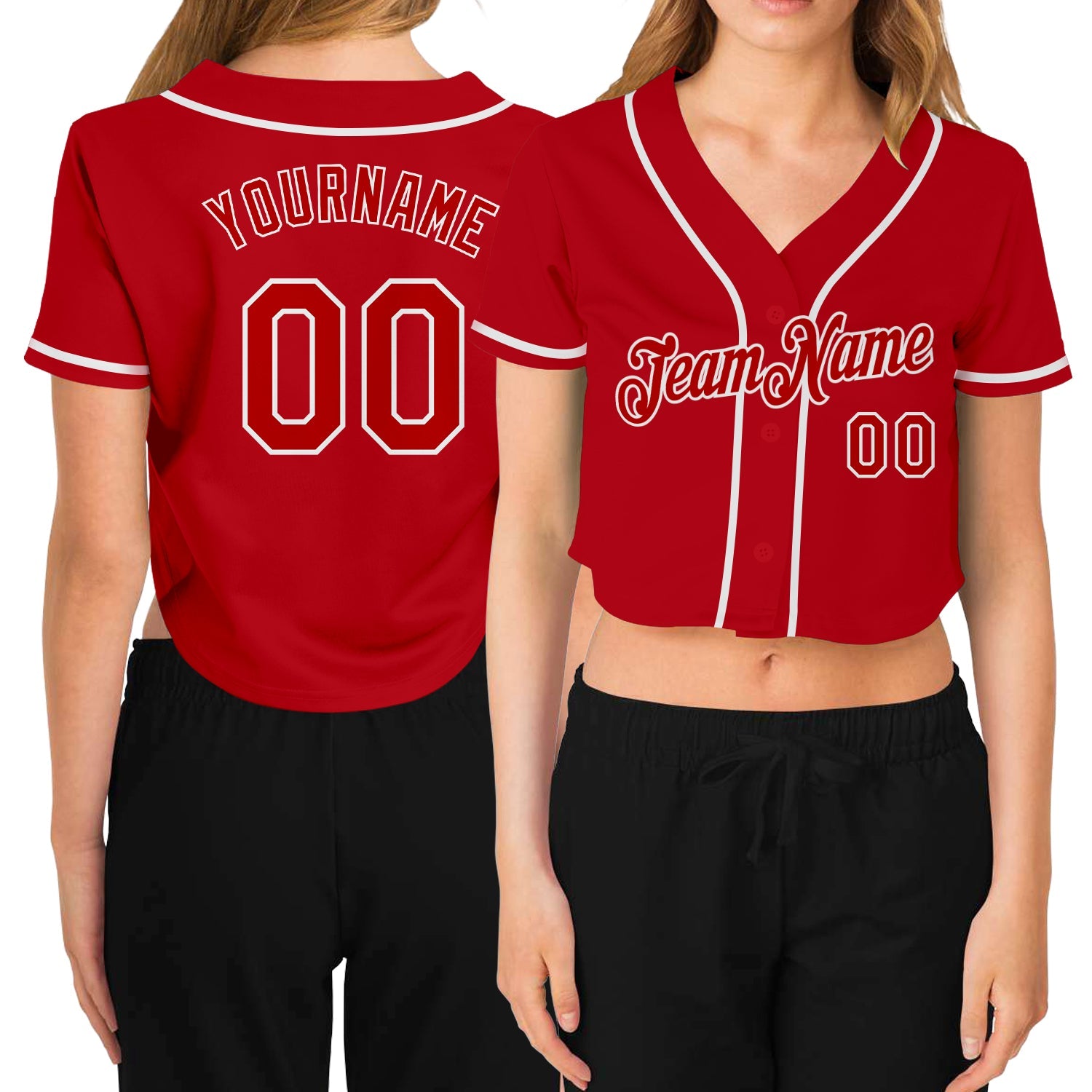 Custom Women's Red Red-White V-Neck Cropped Baseball Jersey - Main View