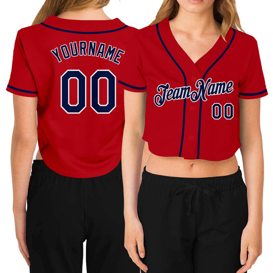 Custom Women's Red Navy-White V-Neck Cropped Baseball Jersey - Main View