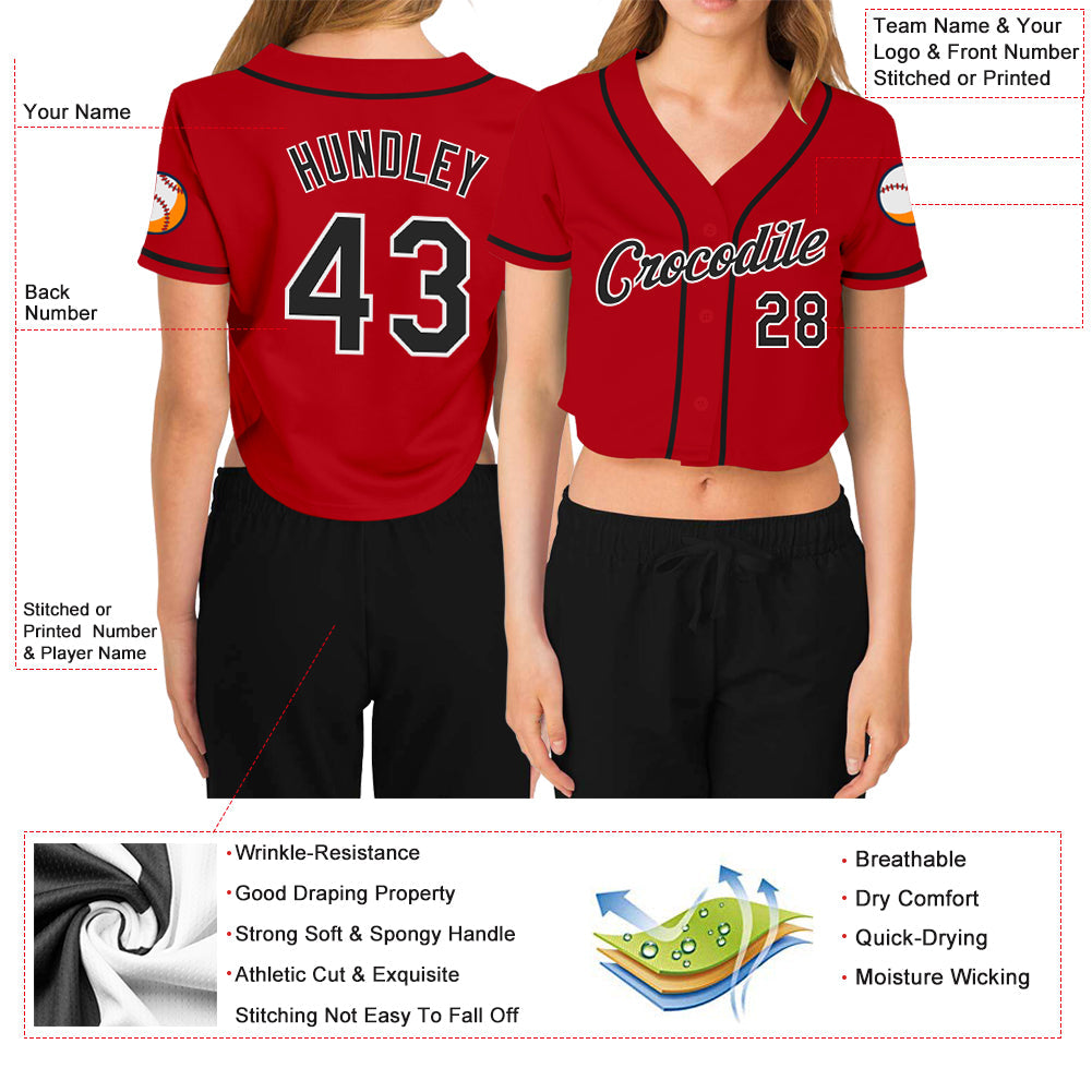 Custom Women's Red Black-White V-Neck Cropped Baseball Jersey view 3