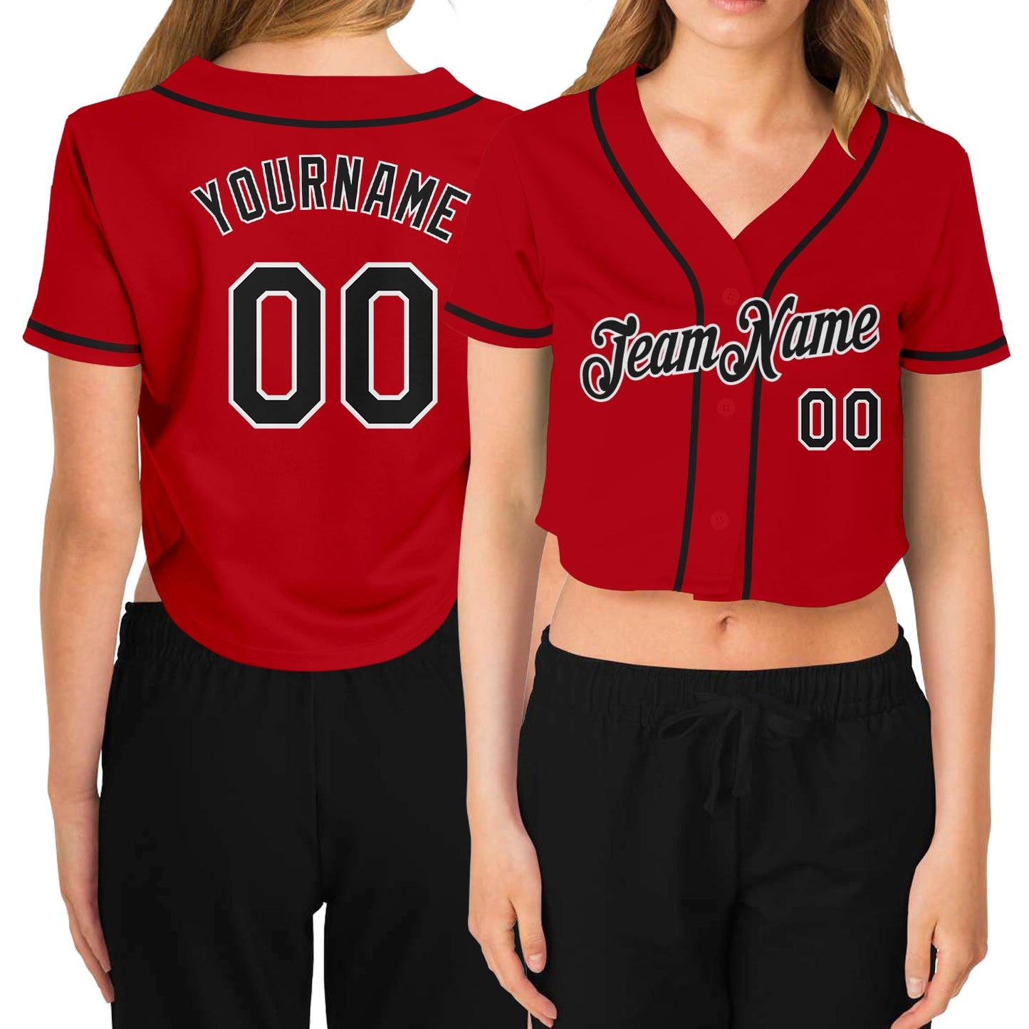 Custom Women's Red Black-White V-Neck Cropped Baseball Jersey - Main View