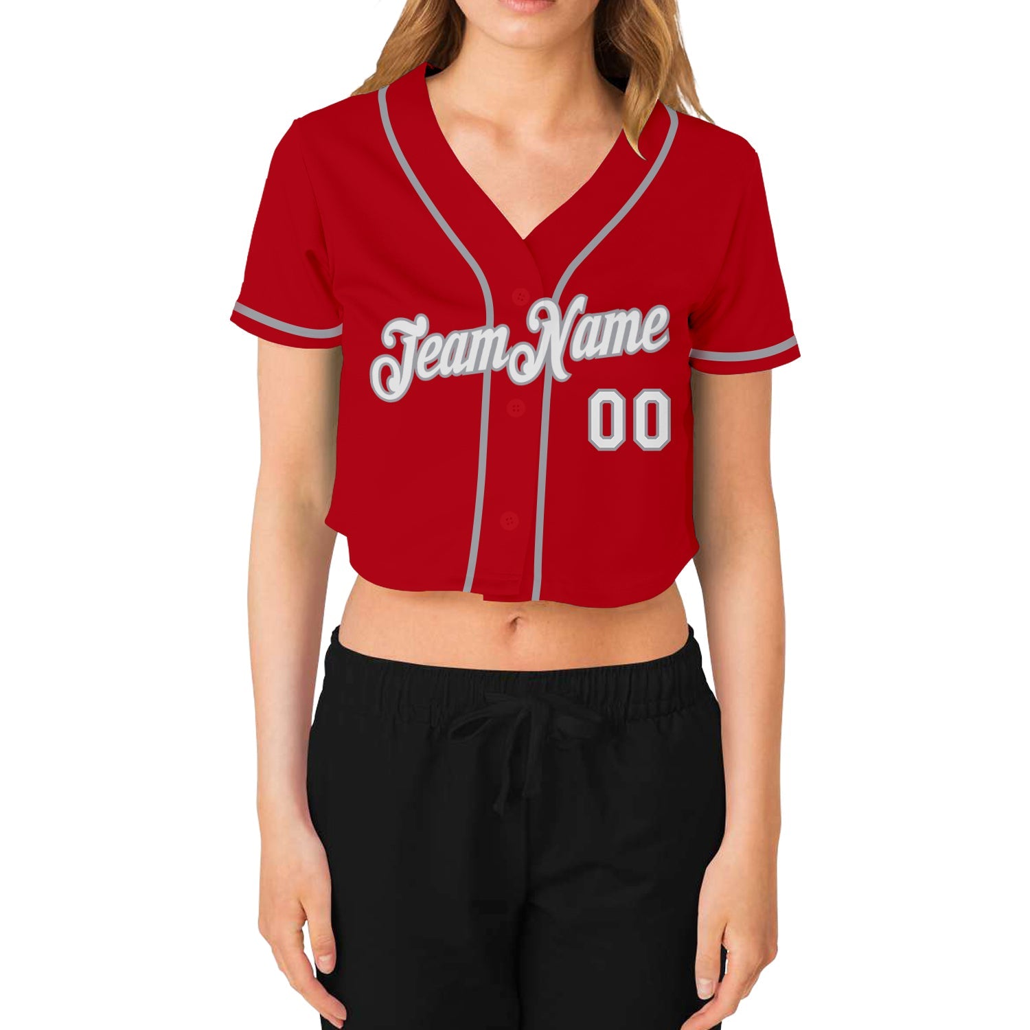 Custom Women's Red White-Gray V-Neck Cropped Baseball Jersey view 2