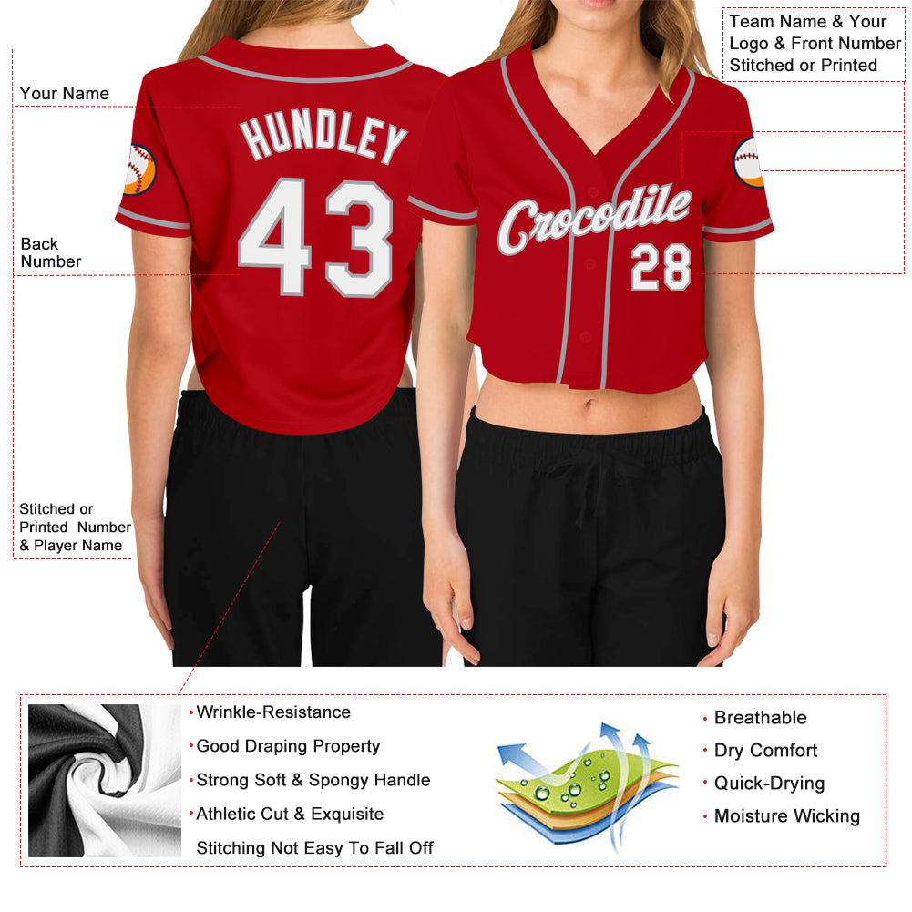 Custom Women's Red White-Gray V-Neck Cropped Baseball Jersey view 3