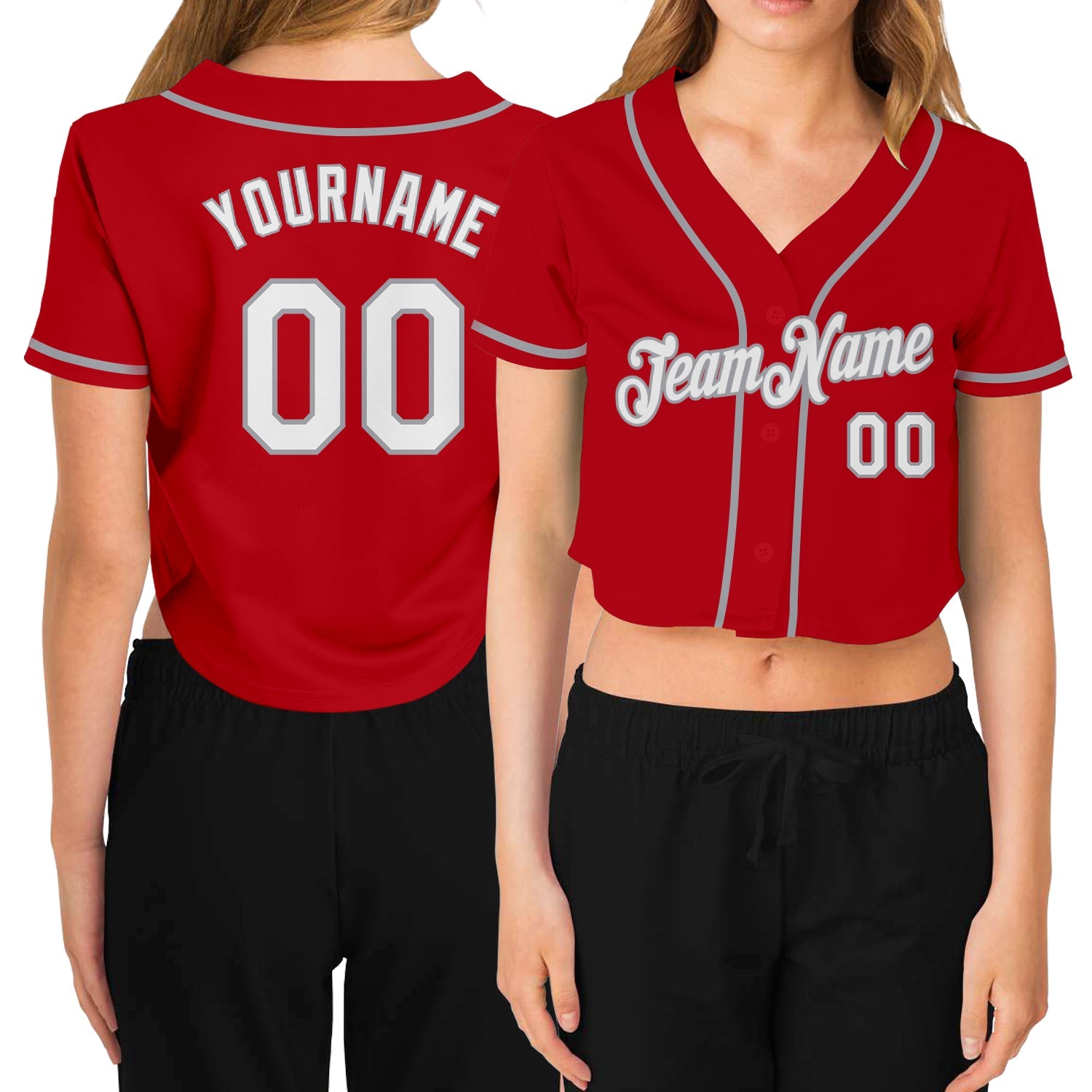 Custom Women's Red White-Gray V-Neck Cropped Baseball Jersey - Main View