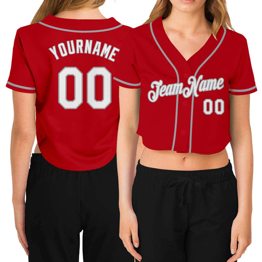 Custom Women's Red White-Gray V-Neck Cropped Baseball Jersey - Main View