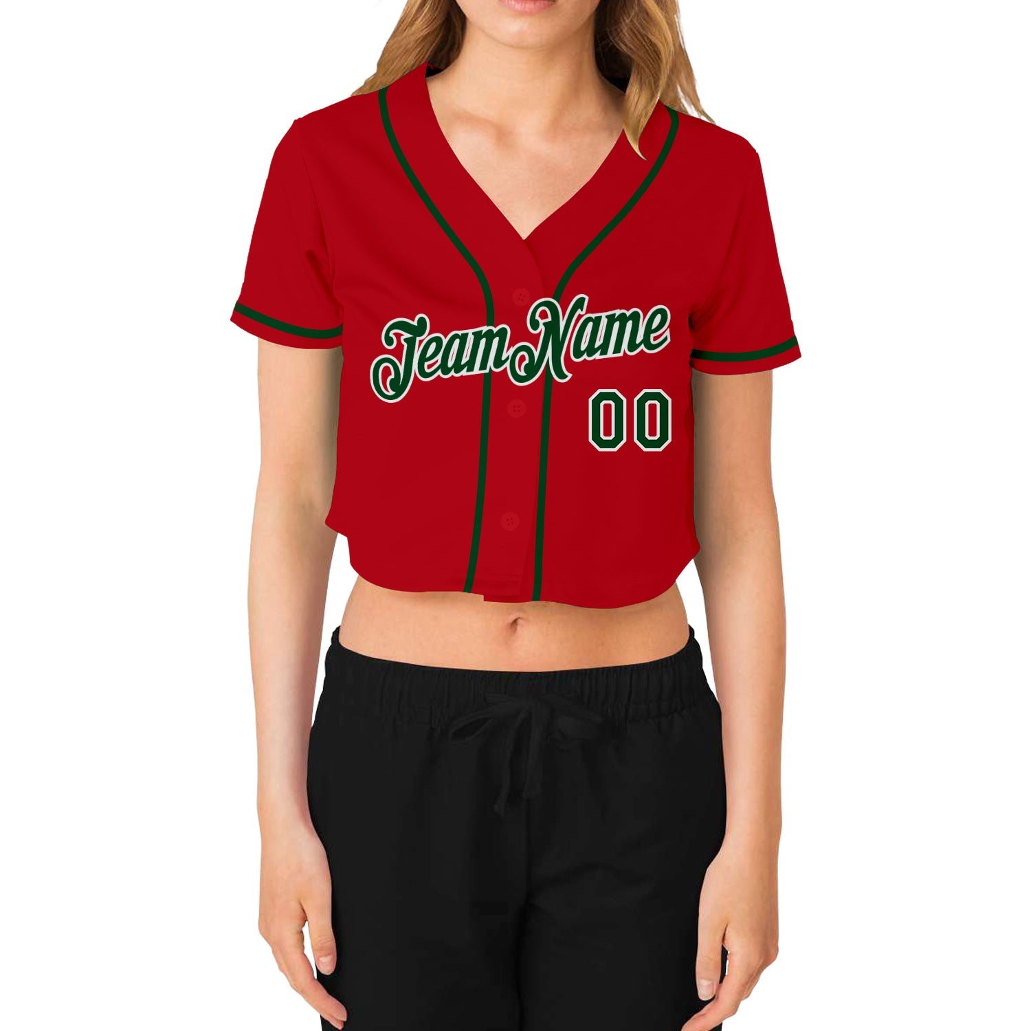 Custom Women's Red Green-White V-Neck Cropped Baseball Jersey view 2