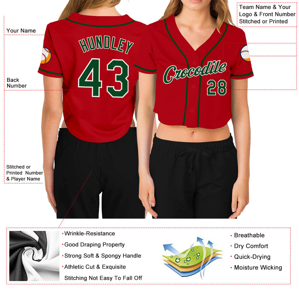 Custom Women's Red Green-White V-Neck Cropped Baseball Jersey view 3