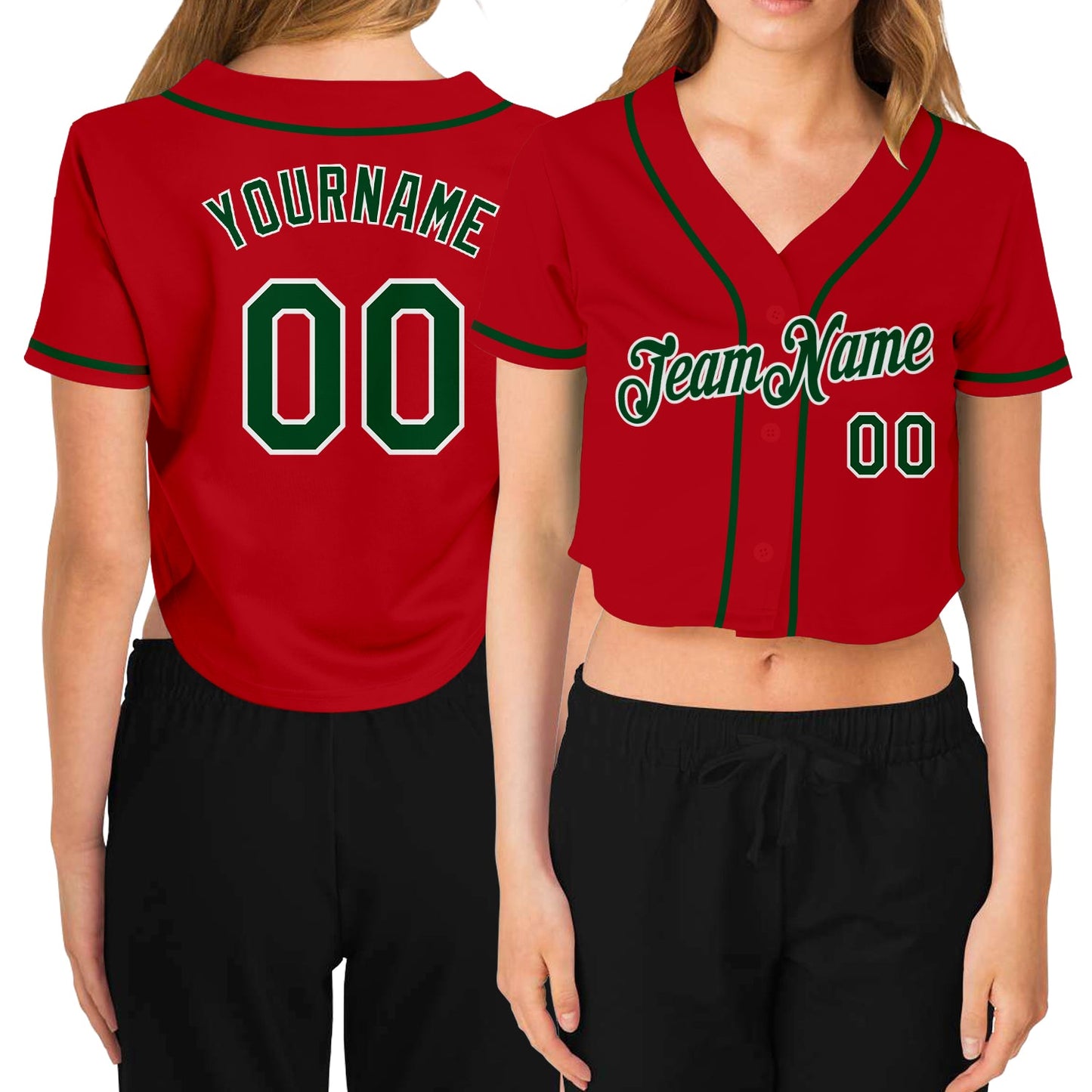 Custom Women's Red Green-White V-Neck Cropped Baseball Jersey - Main View