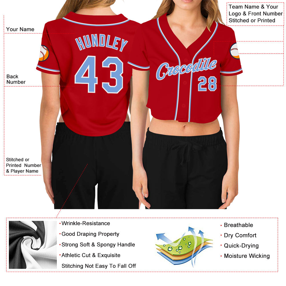 Custom Women's Red Light Blue-White V-Neck Cropped Baseball Jersey view 3