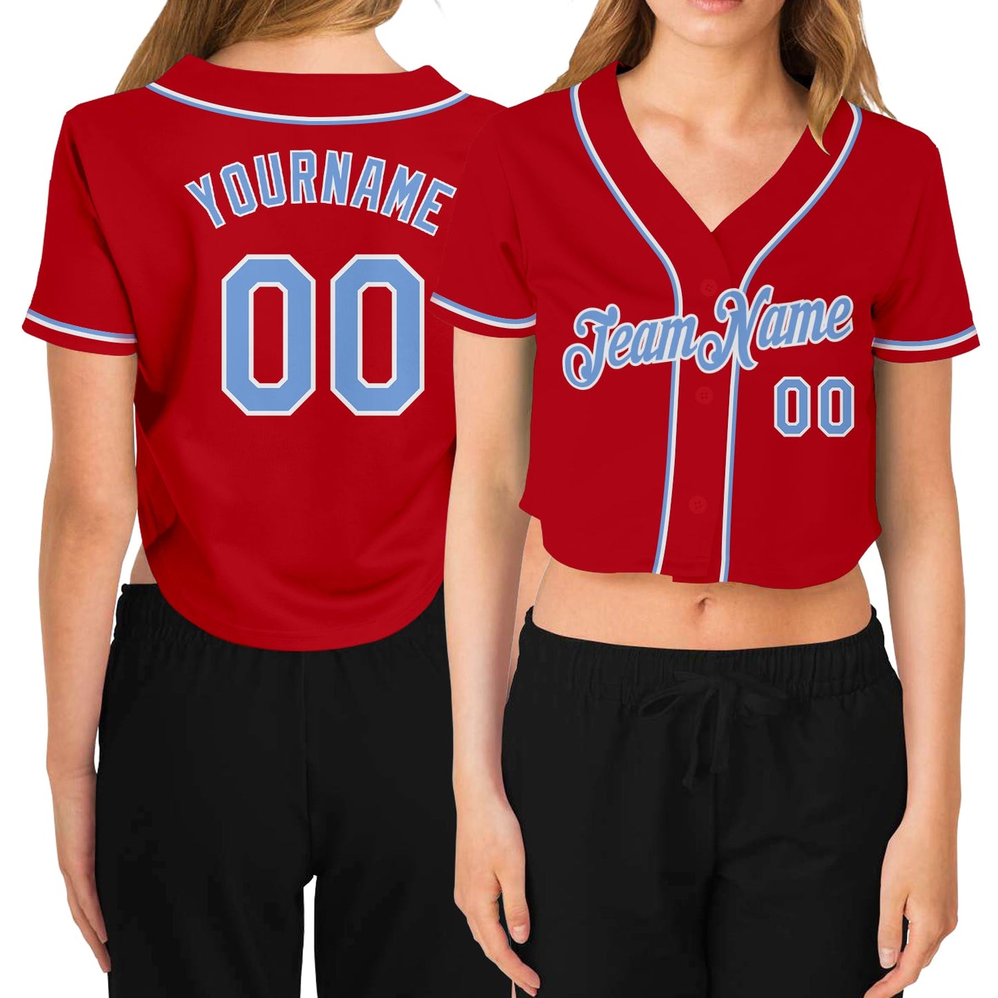 Custom Women's Red Light Blue-White V-Neck Cropped Baseball Jersey - Main View
