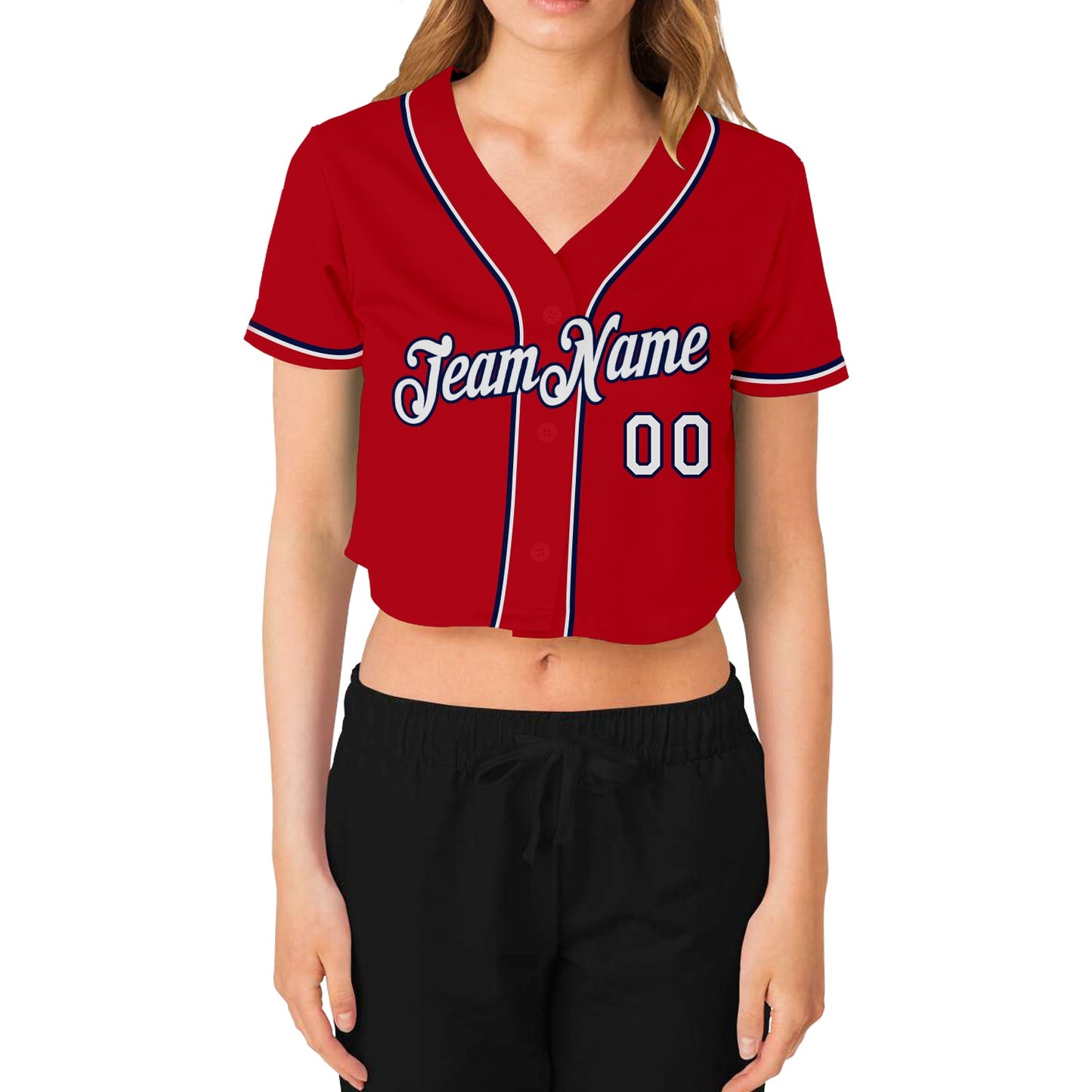 Custom Women's Red White-Navy V-Neck Cropped Baseball Jersey view 2