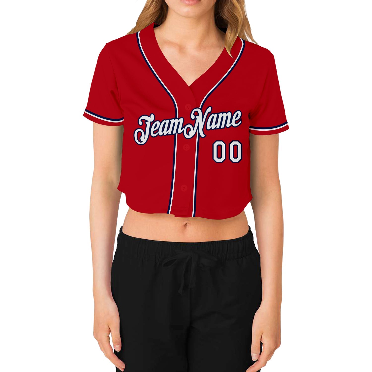 Custom Women's Red White-Navy V-Neck Cropped Baseball Jersey view 2
